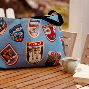 Weekender Tote Bag with Printed Vintage Travel Patches