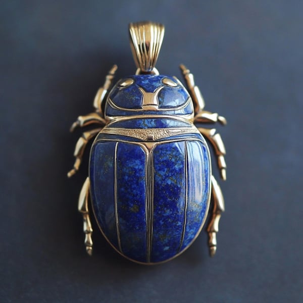 14K Gold Carving Lapis Scarab Pendant, Hand Carved Sterling Silver