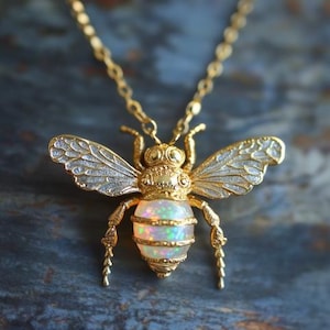 Puede incluir: Un collar con colgante de abeja dorado con un centro iridiscente similar al ópalo. La abeja tiene alas y patas detalladas, y está suspendida de una delicada cadena dorada. El collar se muestra sobre un fondo oscuro y texturizado.