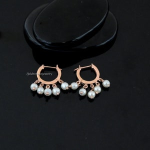 14k Gold Pearl Charm Hoop Earrings, Dangling Pearls Huggie Hoop, Freshwater Pearl Earring Drop, Pearl Charm Hoop Earrings