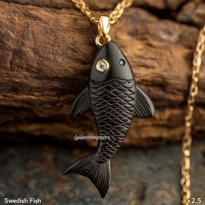 14k Gold Carved Fish Pendant: Ruby-Eyed Lucky Charm