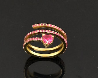 Pave Cubic Zirconia Heart Ring, 14K Gold Spiral Wrap Ring