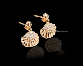 Boucles d'oreilles coquillage et diamants or 14 carats, Boucles d'oreilles coquillages et diamants pavés, Boucles d'oreilles coquillages de plage 14 carats, Boucles d'oreilles coquillages or 14 carats, Boucles d'oreilles coquillages or