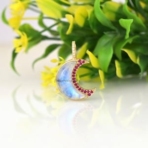 Moonstone Crescent Pendant, Ruby Accented Sterling Silver, 25mm Star Pendant