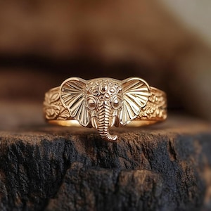 14K Gold Elephant Ring, Black CZ Eyes, Animal Jewelry