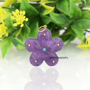 14K Gold Amethyst Flower Pendant: Hand Carved Gemstone Jewelry