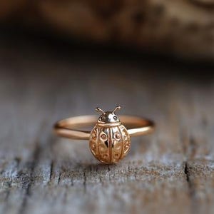 Könnte beinhalten: Ein goldfarbener Ring mit einem detaillierten Marienkäfer-Design. Der Marienkäfer hat ein eingraviertes Muster auf dem Rücken und kleine Fühler. Der Ring ist auf einem dünnen Band angebracht, und das Design ist filigran und von der Natur inspiriert.