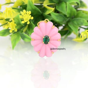 14k Gold Hand-Carved Pink Opal Flower Medallion Charm: Vintage Silver Pendant