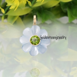 14K Gold Carved Flower Pendant: Gemstone Charm, Handmade
