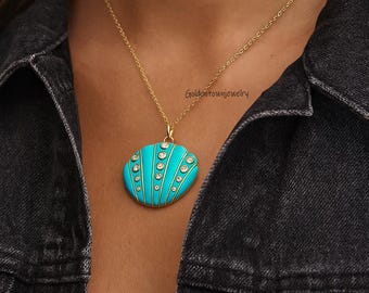 Türkis Muschel Halskette, Gold CZ Kristall Anhänger, Strand Sommer Statement Schmuck