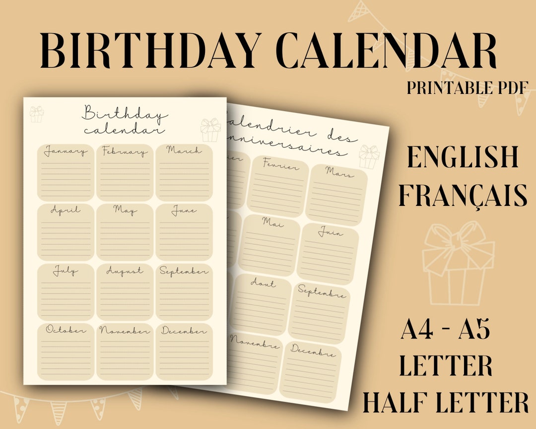 Birthday Calendar, Birthday Dates, Printable PDF, Annual Birthday ...