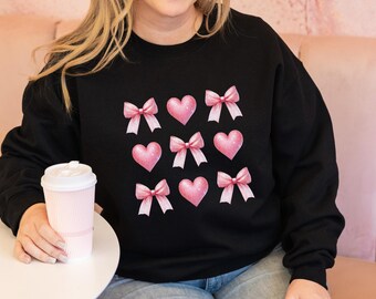 Coquette Bow Heart Valentine's Sweatshirt, Pink Bow Valentine's Shirt, Retro Valentine's Sweater, Cute Bow Crewneck, Valentine's Day Gift