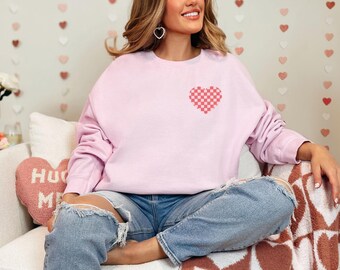 Valentine's Day Checkered Heart Sweatshirt, Valentine's Love Shirt, Valentine Heart Sweater, Heart Shirt, Heart Crewneck, Gift For Valentine