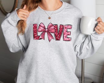 Valentine's Love Sweatshirt, Faux Sequins Valentine's Love Sweater, Coquette Bow Valentine's Shirt, Coquette Love Crewneck, Valentine's Gift