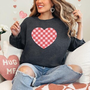 Valentine&#39;s Day Checkered Heart Sweatshirt, Valentine&#39;s Love Shirt, Valentine Heart Sweater, Heart Shirt, Heart Crewneck, Gift For Valentine