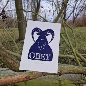 Linoprint &quot;Obey&quot; I Capricorn in black with hand-colored details