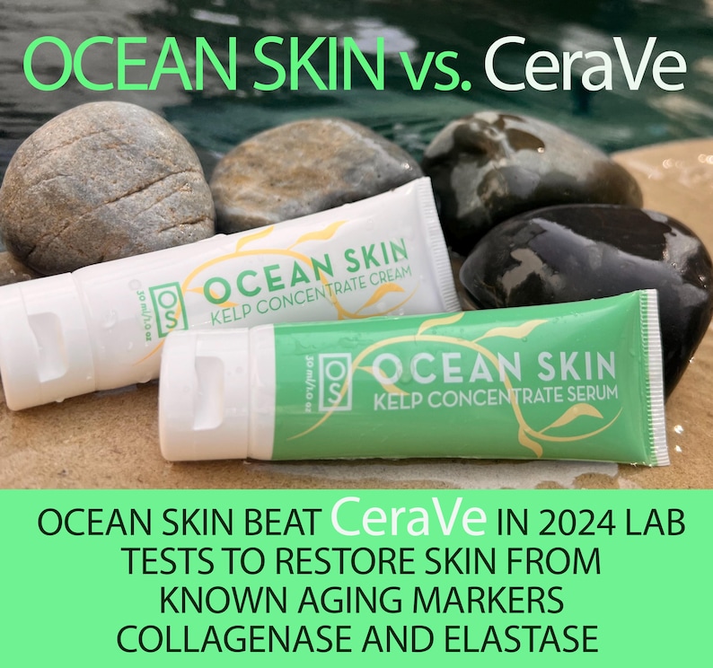 May include: Two white tubes with green and white labels. The tubes are labeled "Ocean Skin Kelp Concentrate Cream" and "Ocean Skin Kelp Concentrate Serum". The tubes are sitting on a bed of smooth, gray rocks. The text "OCEAN SKIN BEAT CeraVe IN 2024 LAB TESTS TO RESTORE SKIN FROM KNOWN AGING MARKERS COLLAGENASE AND ELASTASE" is displayed in green text on a white background.