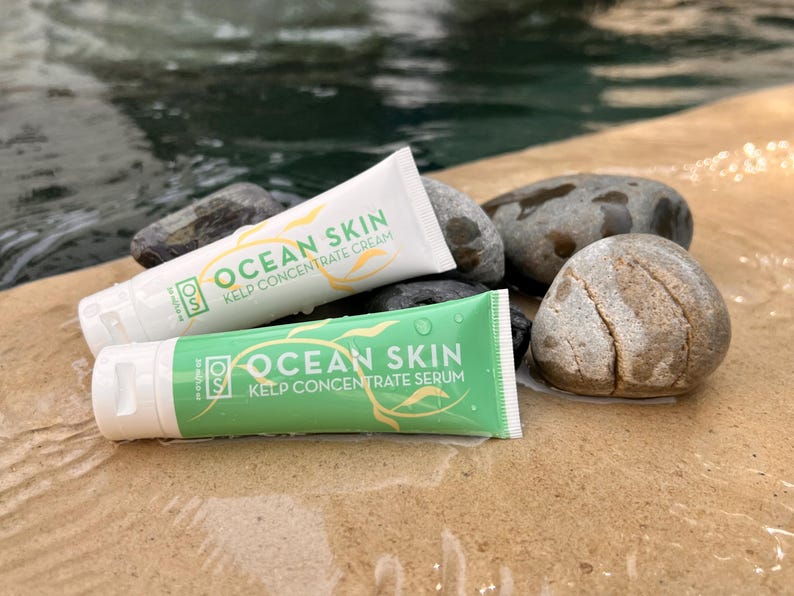 Może przedstawiać: Dwa tuby produkt&oacute;w do pielęgnacji sk&oacute;ry Ocean Skin Kelp Concentrate. Jeden tub jest zielony i zawiera napis "Ocean Skin Kelp Concentrate Serum". Drugi tub jest biały i zawiera napis "Ocean Skin Kelp Concentrate Cream".