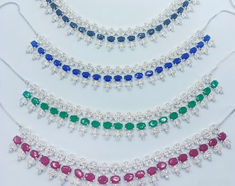 American diamond style thin necklace set with matching earrings