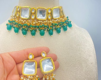 Green Kundan Choker Necklace Set: Indian Pakistani Jewelry