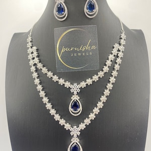 Blue CZ Diamond Necklace: Indian Wedding Jewelry Set