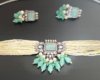 mint green indian choker, indian jewelry, pakistani jewelry, punjabi jewelry beads necklace, earring set, chandbali, indian choker set