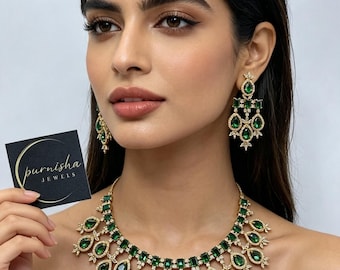 Mehndi American Diamond Necklace, Bridal Party Wear, CZ  jewelry