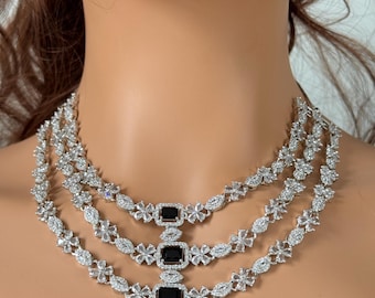 Black American Diamond statement necklace set/ black necklace / black earrings/ multi layer necklace