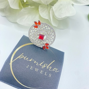 Silver red ad adjustable large finger for women, large ad finger ring, indian jewellery, pakistani jewellery, large ring