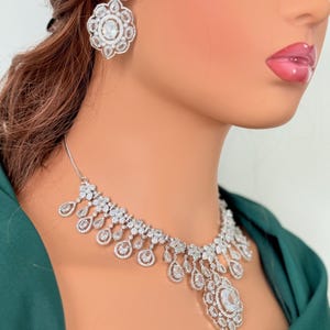 Silver white American diamond necklace with matching earrings/ imitation necklace set/ ad necklace set/ Indian bridal jewellery