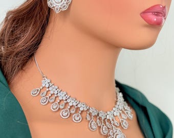 American Diamond Indian Bridal Necklace Set,  Silver White AD Jewelry