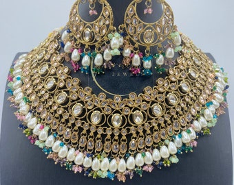 antique gold reverse ad choker necklace set - Indian necklace/ multi kundan choker set/ multi colour/ Bollywood jewelry/ Indian bridal set