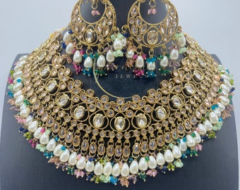 Antiekgouden Indiase ketting met grote oorbellen en tikka, Kundan Pearl omgekeerde advertentie sieraden