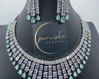Mint Green American diamond necklace set with matching earrings