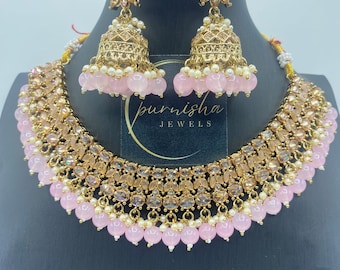 Collar rosa dorado antiguo con pendientes y conjunto tikka / collar polki / conjunto de collar de boda tradicional asiático