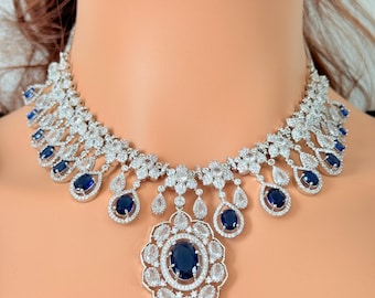 Pink Mint American Diamond Necklace Set with Matching Earrings, CZ Jewelry