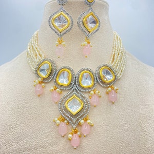 peach kundan choker necklace with matching earrings, indian wedding necklace, polki necklace, kundan jewelry