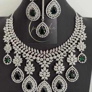 Emerald green semi- bridal necklace set, Premium quality green bridal necklace, green American diamond necklace set