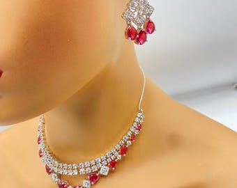 Red Zirconia Necklace Set with Earrings, Pakistani & Indian Jewelry, Stone Bridal  Women Accessories
