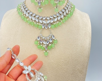 Kundan choker ketting set: mint Indiase bruidssieraden