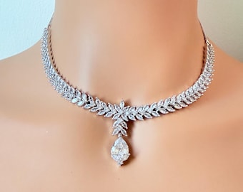 Conjunto de collar de novia con diamantes americanos: joyería AD blanca, pendientes largos