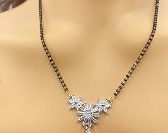 Silver Ad Designer Mangalsutra, Indian Jewelry with Black Beads