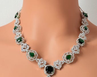 Emerald Green American Diamond Necklace with Earrings, Bollywood inspired necklace