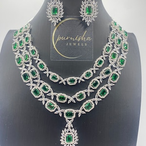 emerald green ad necklace set/ American diamond necklace/ cubic zirconia necklace/ Indian jewelry/ Pakistani necklace/ Indian necklace