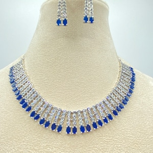 Navy Blue CZ Diamond Necklace Set: Indian Bridal Jewelry
