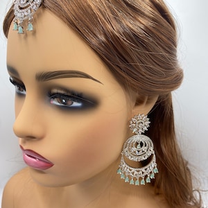 Mint green Cz diamond earrings with tikkas, pakistani, indian, punjabi jewelry, tikka set, mint green earrings