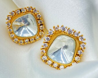 Gold Plated Moissanite Kundan Stud Earrings for Women, Indian Pakistani Jewelry