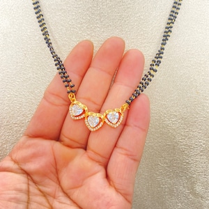 Gold Plated Mangalsutra with Black Beads: Indian Heart Jewelry (46cm)