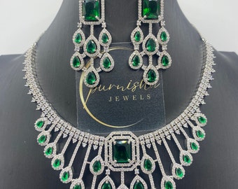 Smaragd Cubic Zirconia Halsband med örhängen, indiska smycken, brudsmycken, grönt halsband, gröna örhängen