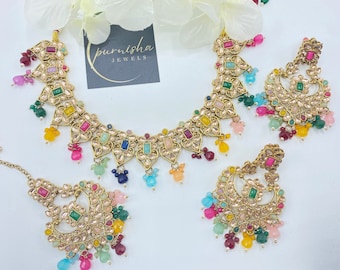 Multi colour Antique Gold Polki bridal  Necklace combo set/  Indian Bridal Jewelry/ Pakistani jewellery